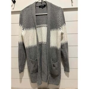 Chloe + Jasmine Womens Grey White Ribbed Colorblock Open Front Cardigan Size M